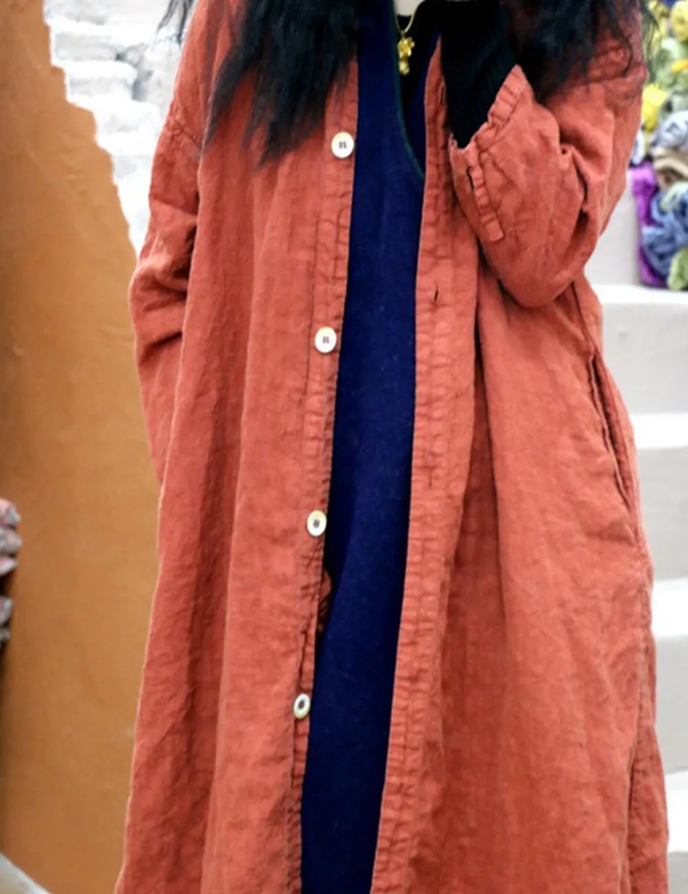 Ystylee Womens Long Trench Coat Cotton Linen Spring Fall Chic Button Down Maxi Shirt Dress Blouse