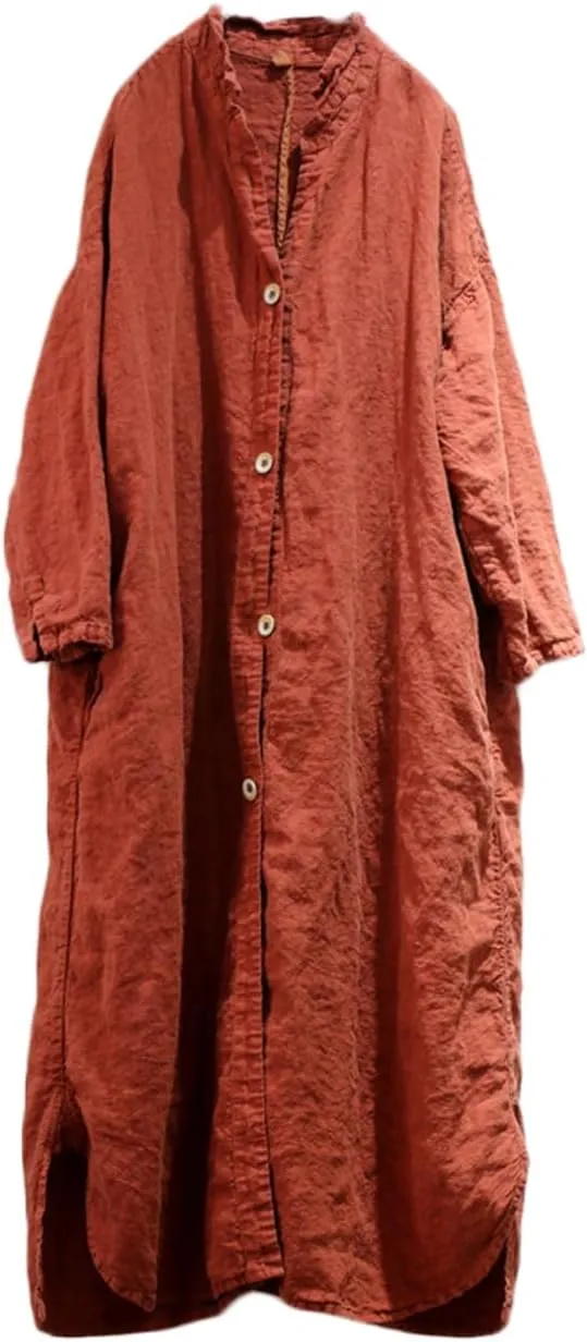 Ystylee Womens Long Trench Coat Cotton Linen Spring Fall Chic Button Down Maxi Shirt Dress Blouse