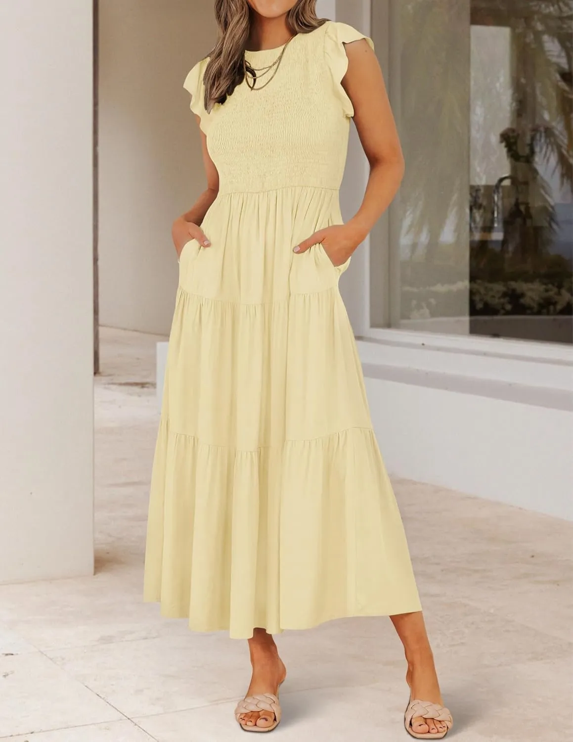 ZESICA Women's 2025 Summer Casual Flutter Short Sleeve Crew Neck Smocked Elastic Waist Tiered Midi Dress