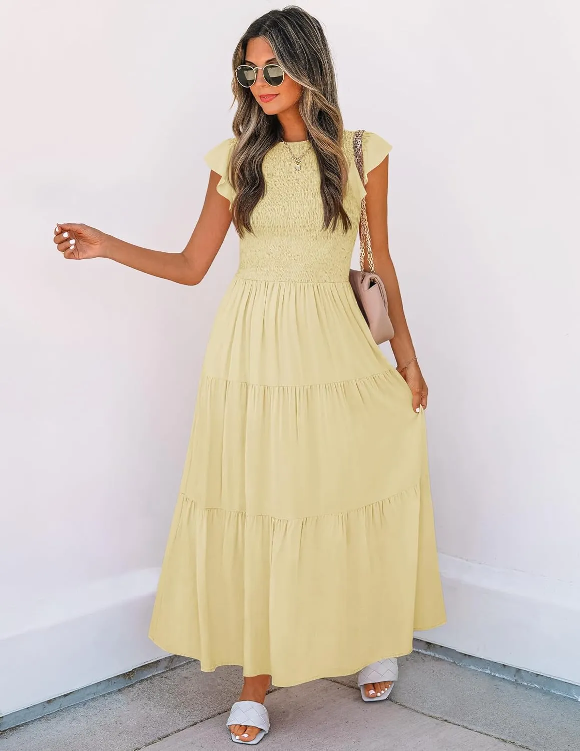 ZESICA Women's 2025 Summer Casual Flutter Short Sleeve Crew Neck Smocked Elastic Waist Tiered Midi Dress