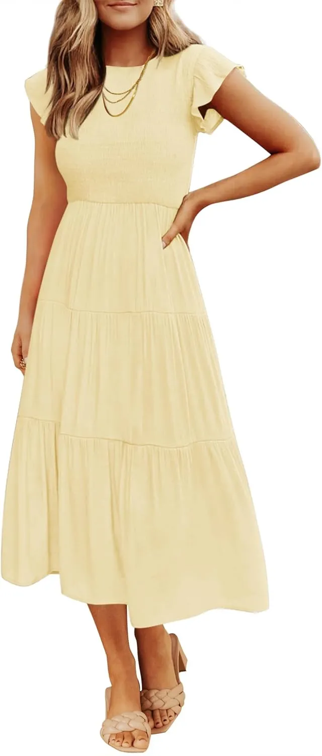 ZESICA Women's 2025 Summer Casual Flutter Short Sleeve Crew Neck Smocked Elastic Waist Tiered Midi Dress